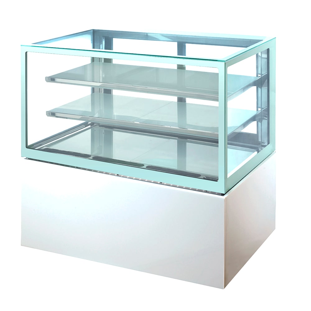 Romux® Kühlvitrine für Konditorei Quadratisch Tischgerät 2 Böden Weiß 270 Liter Umluftkühlung | Kühlvitrine Gerade Glasscheiben
