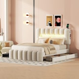 thumbnail of Merax 140 x 200 Polsterbett, Polsterbett mit 4 Schubladen, Polsterbet Bett mit LED-Lichtleiste mit USB und Stereoanlage, Beige