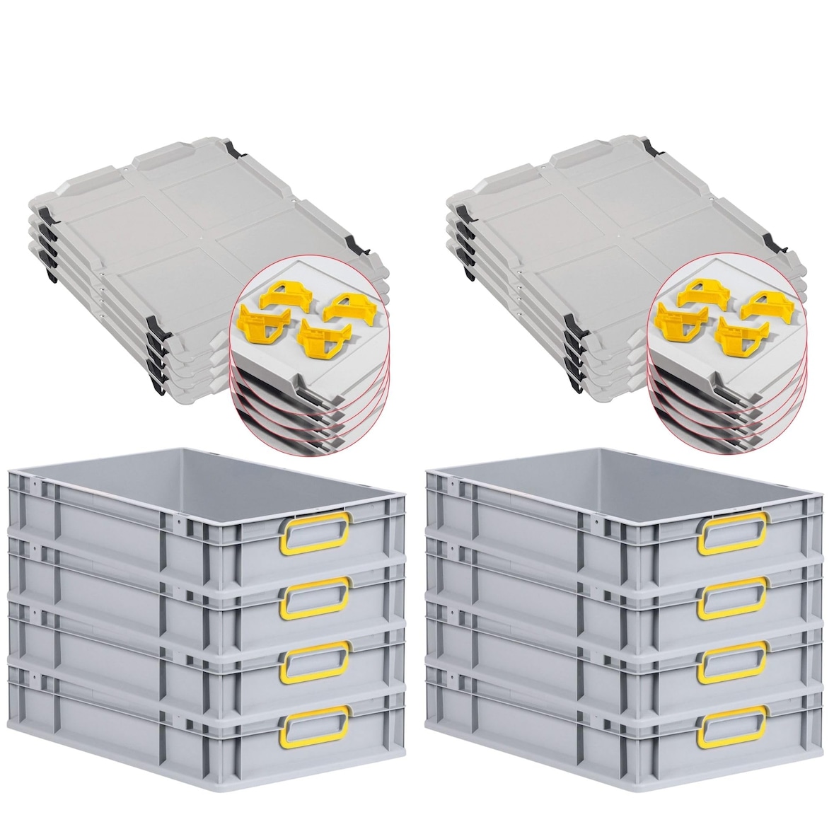 PROREGAL SuperSparSet 8x Eurobox NextGen Color mit Auflagedeckel & Verschlüsse, HxBxT 12x40x60cm, 23L, Grau, Griffe gelb zu, Eurobehälter, Box