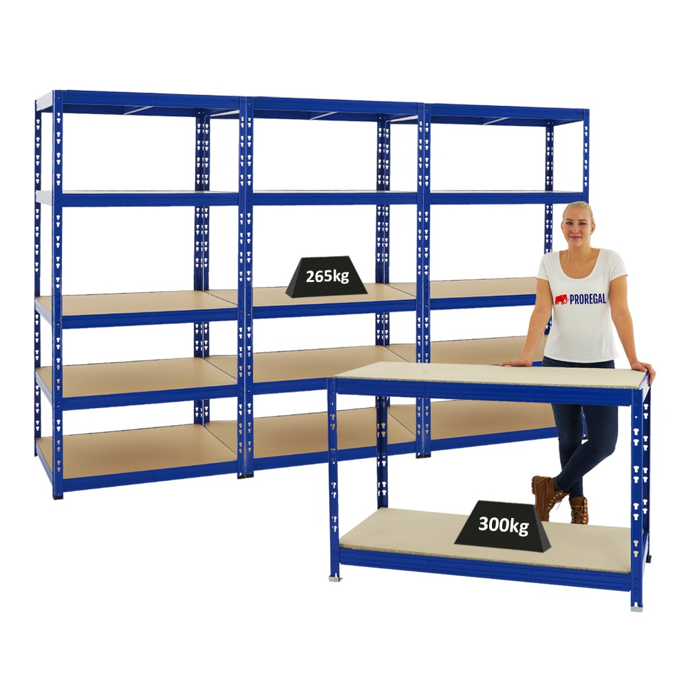 PROREGAL Mega Deal 3x Étagère charge lourde TIGER & 1x Etabli TIGER | 300kg par niveau | Bleu | Étagère de garage etabli de travail bricolage