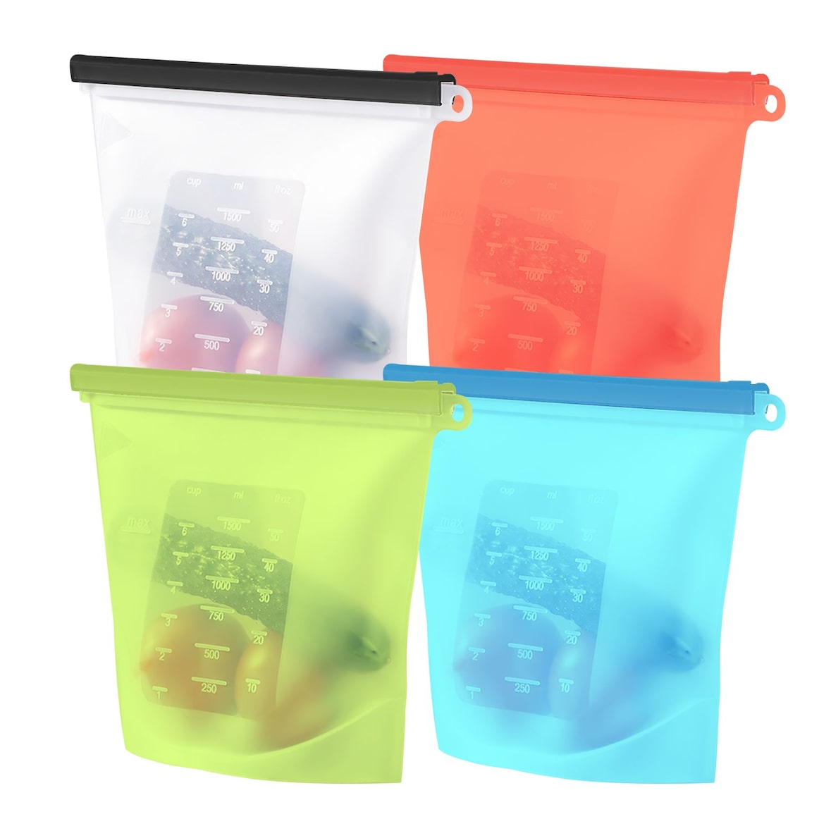 Intirilife 4x Lebensmittelbeutel aus Silikon mit 1L Füllmenge in mehreren Farben - 24 x 19 x 3 cm - Wiederverwendbar mit Zip spülmaschinengeeignet