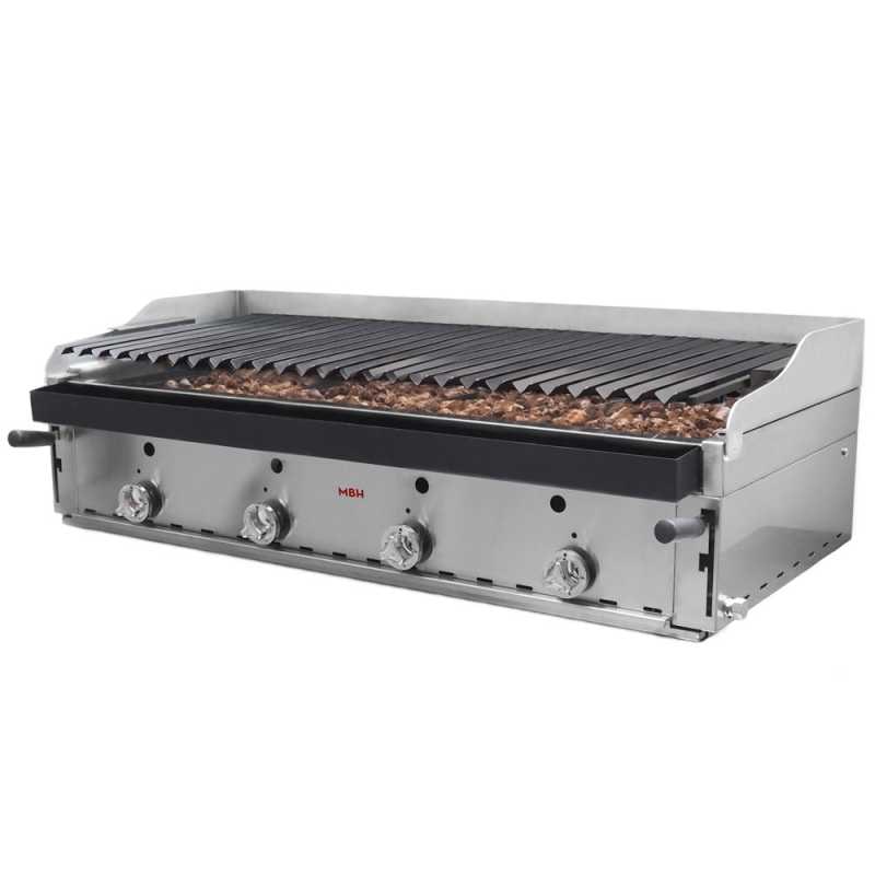 MBH - Barbacoa a gas profesional de piedra volcánica 120 cm económica. Barbacoa industrial parrilla pavonada y peto para bar, restaurante, hostelería.