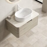 thumbnail of Badezimmer-Waschtisch 50×80×46 cm mit ovalem Waschbecken aus Keramik und Travertin-Sintersteinplatte, Eiche Beige+Off White+Weiß