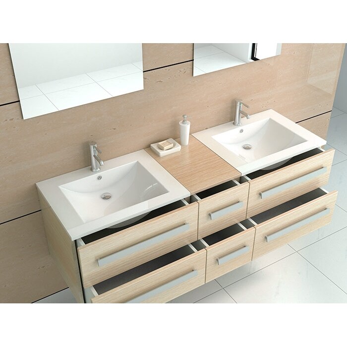 Badmöbel Set holz-hell Bad-Set Waschtisch Waschbecken mit Unterschrank Hängeschrank SMC Becken Badschrank Badausstattung Badzubehör Jet-Line