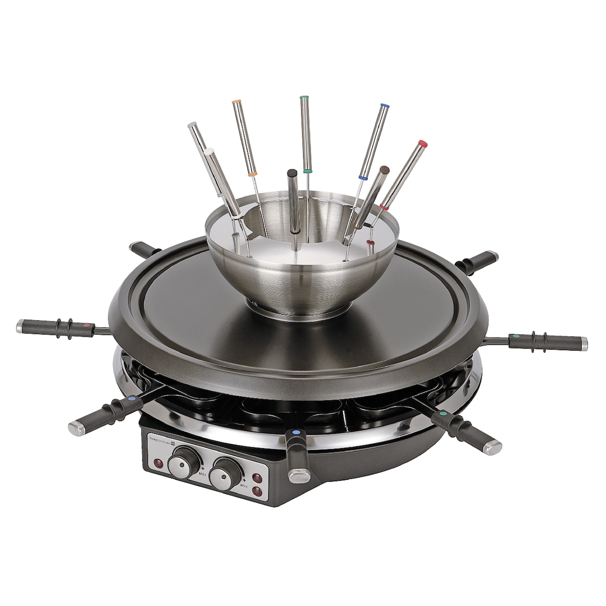 Tarrington House Raclette-Fondue RG1981F, acero inoxidable, Ø 40 cm, 0.6 L, 1900 W, con reguladores de temperatura
