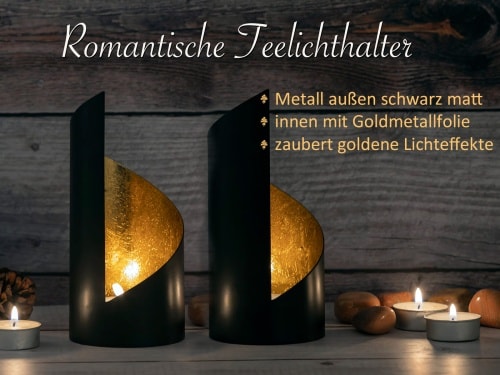 Teelichthalter Set 2-teilig Kerzenhalter zylindrisch Metall schwarz matt innen vergoldet
