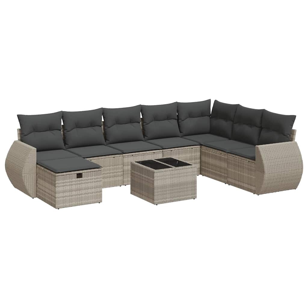 vidaXL 9-tlg. Garten-Sofagarnitur mit Kissen Hellgrau Poly Rattan