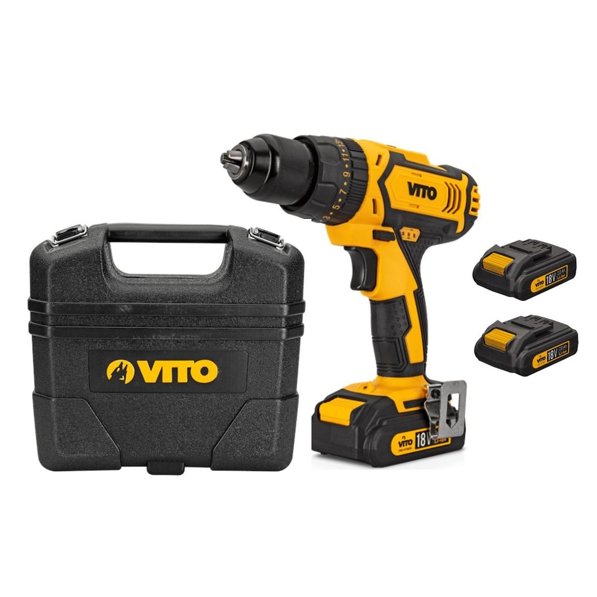 Taladro atornillador a batería 18V 2 baterías de litio 2.0 Ah + maletín + 18 accesorios de atornillado y taladrado VITO
