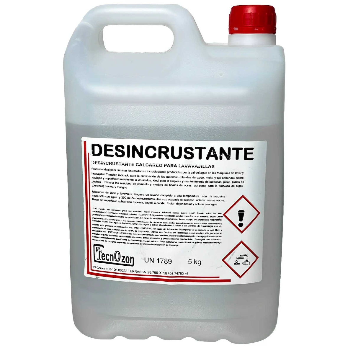 Garrafão de desincrustante calcário profissional de 5 litros para máquinas de lavar loiça e maquinaria de cozinha industrial de restauração.