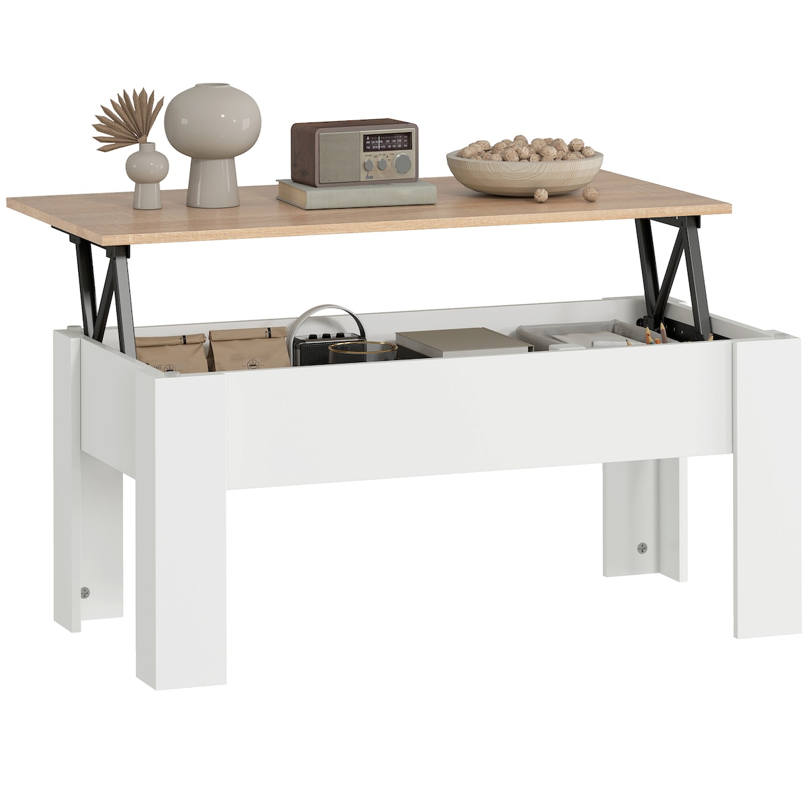 HOMCOM mesa de centro elevable mesa de café con tablero elevable espacio oculto de almacenaje 100x50x45-58,5 cm blanco y natural