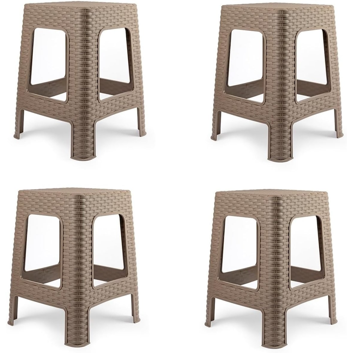 4X Taburete plástico Estilo ratán Moderno apilable para Interior y Exterior - 36x36x45cm (4, Marron)