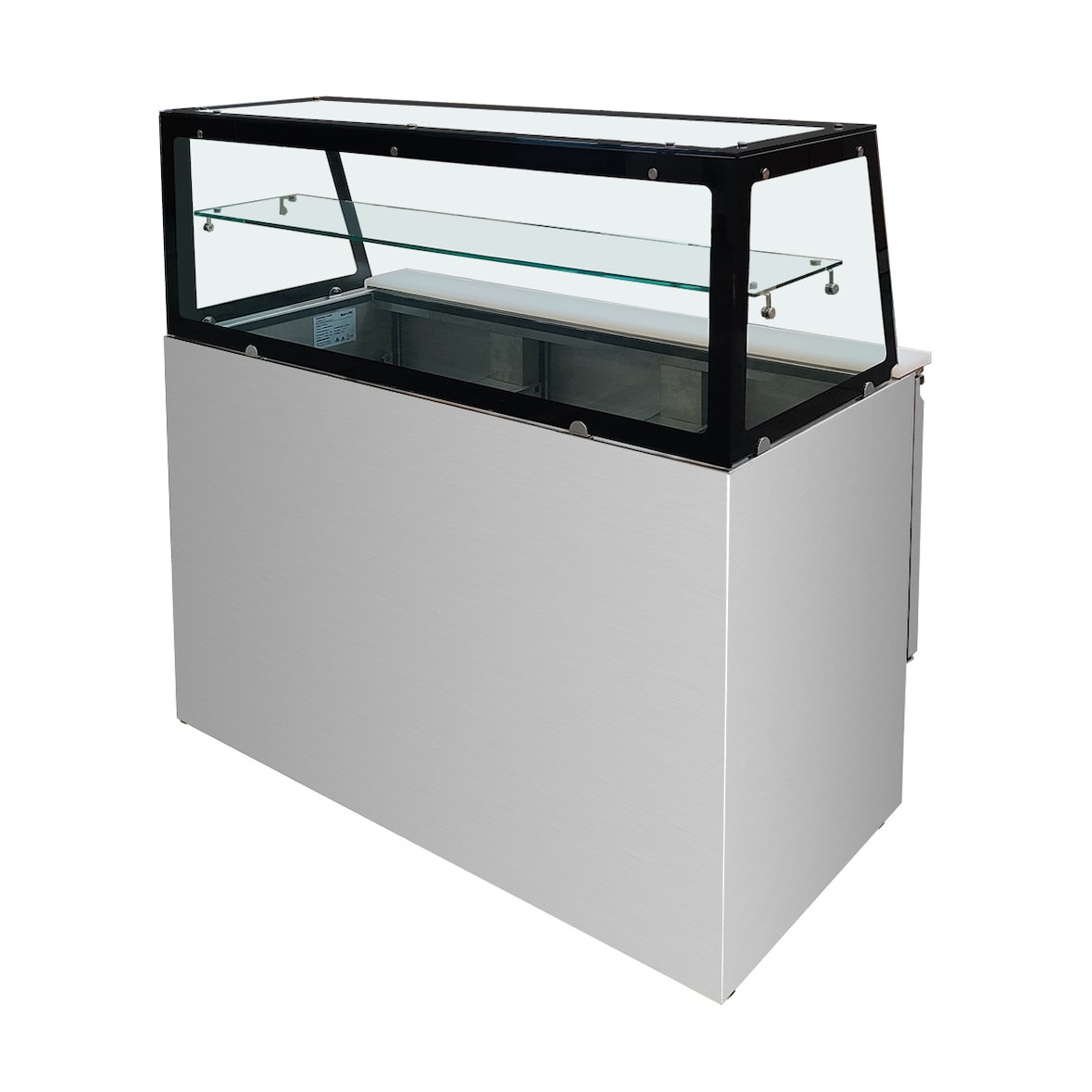 Skyrainbow Saladette 3 deuren, 137 x 70 recht glazen opbouw, helder glas met zwarte rand