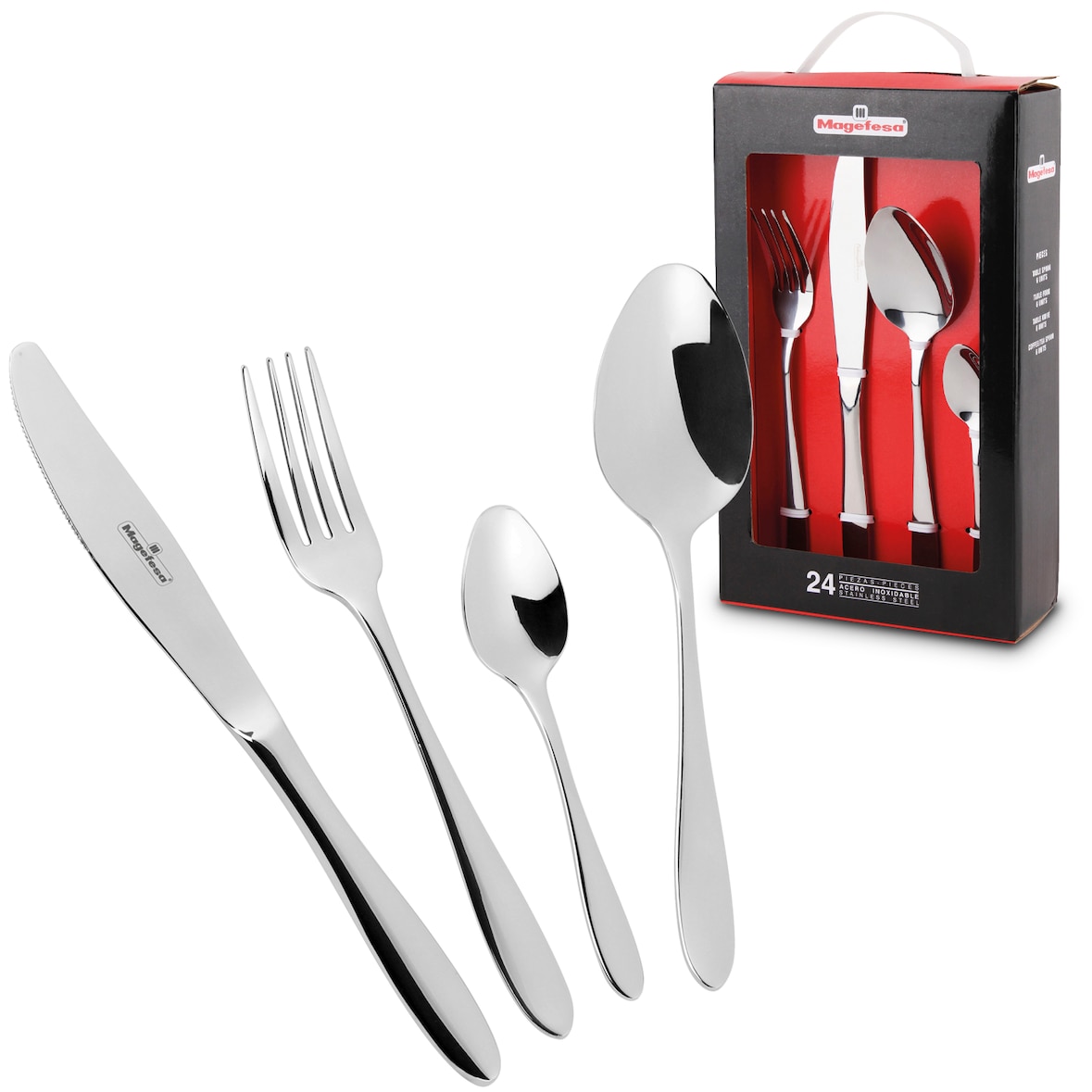 MAGEFESA IRIA Cubertería de 24 Cubiertos para 6 Comensales Fabricada en Acero Inoxidable, Tenedores, Cucharas, Cucharillas y Cuchillos de Mesa