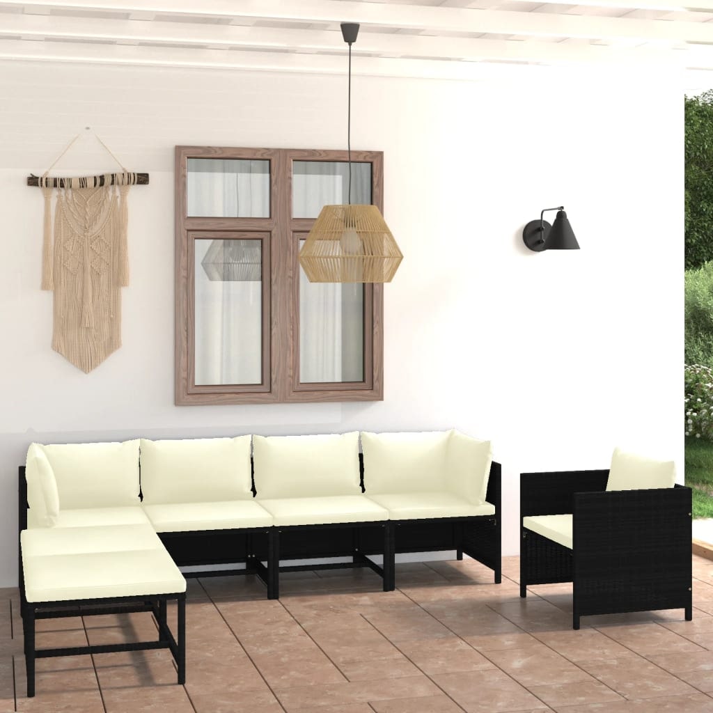 7-delige tuin loungeset met kussens poly rotan zwart