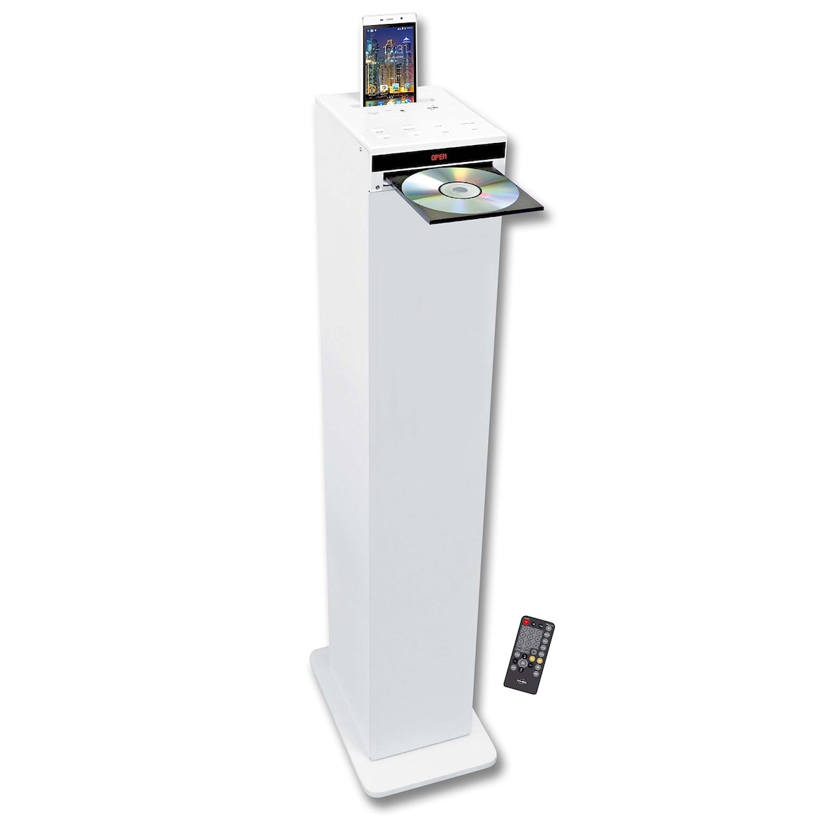 Tour de son blanche avec lecteur CD, Bluetooth, FM et USB, 60W + télécommande