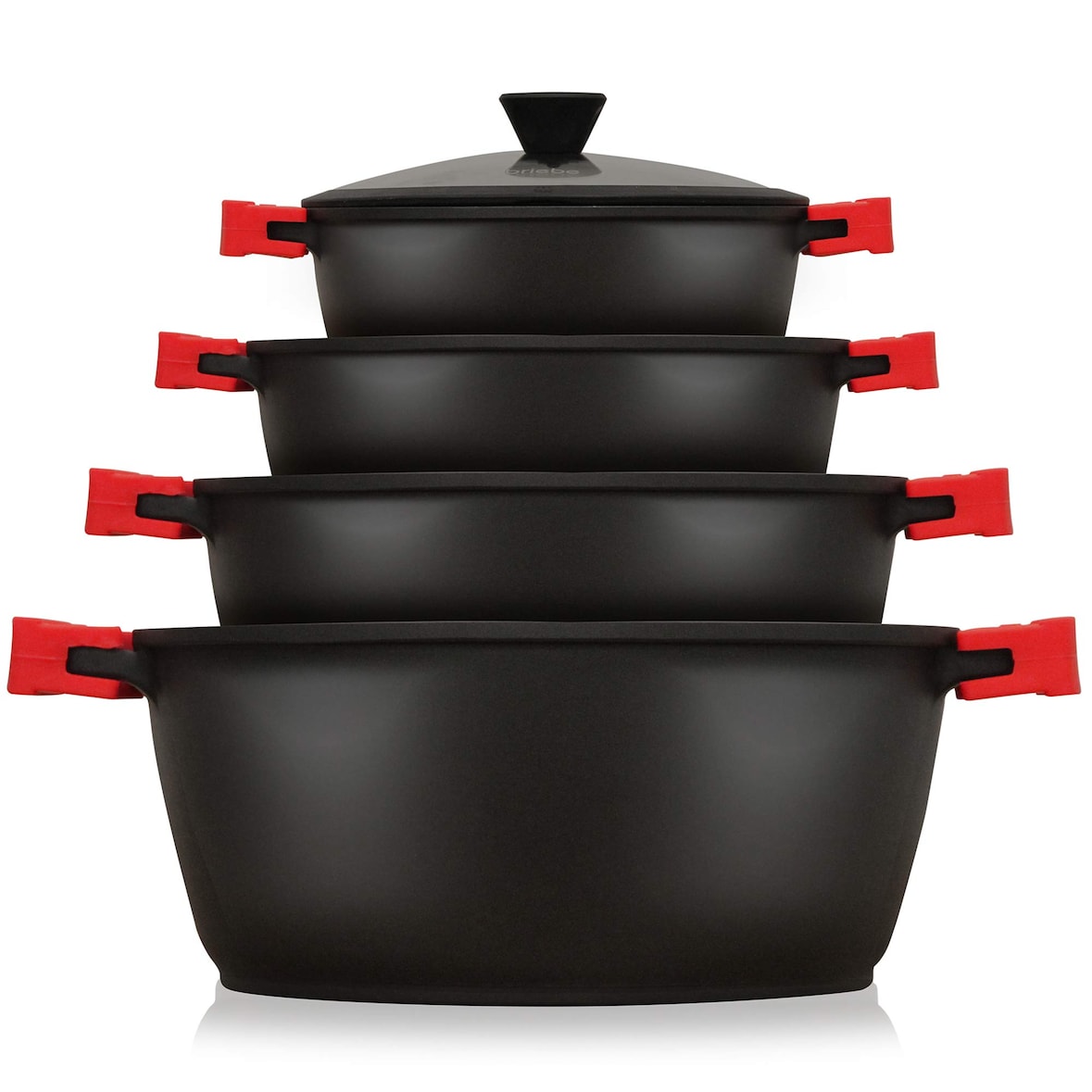 Briebe BLACKT4 Kochtopf Set Induktions 8-Teilig Aluminiumguss 4 Kochtöpfen 4 Glasdeckel, Schwarz