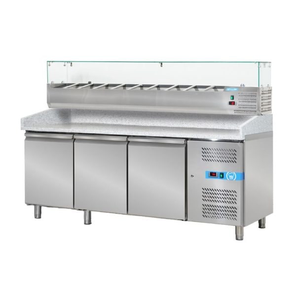 Banco pizzeria refrigerato con n° 3 porte EN 60x40 e vetrinetta portagusti per 10 bacinelle GN 1/4