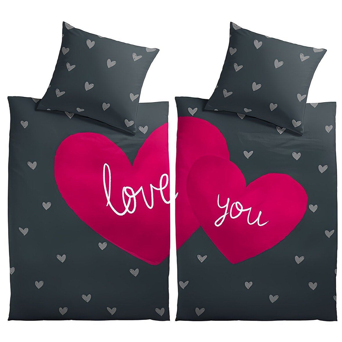 Bettwäsche 135x200 Set Herz Love You Motiv Partner Mikrofaser Allergiker Schwarz Pink 4 teilig