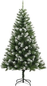 Ein künstlicher Weihnachtsbaum mit Schnee bedeckt.