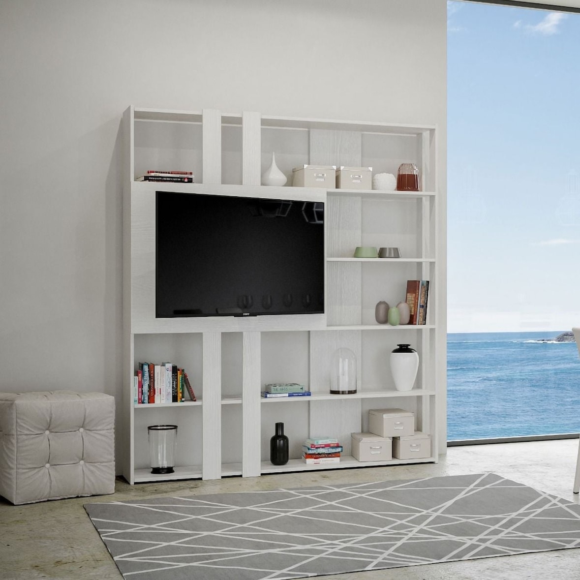 Libreria con porta TV 6 ripiani design moderno 178x36x204 Kato L - Frassino-VE6NKT6FL4FCP-BF