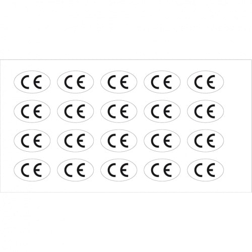 Aufkleber I CE-Zeichen, oval, RoHS konform, weiß/schwarz, Folie, selbstklebend, 26x16mm, 20/Bogen