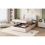 thumbnail of Polsterbett mit LED-Beleuchtung, hydraulischem Stauraum, Samtstoff, robustes Design, 140x200 cm, Beige, elegantes Kopfteil, stabiler Rahmen