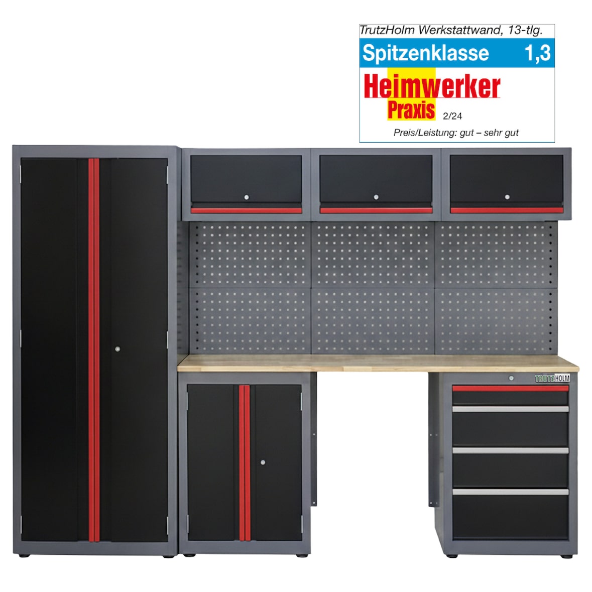 Werkstattwand 13-tlg. modulares Werkstattschranksystem aus Stahl mit massiver Holzarbeitsplatte rot