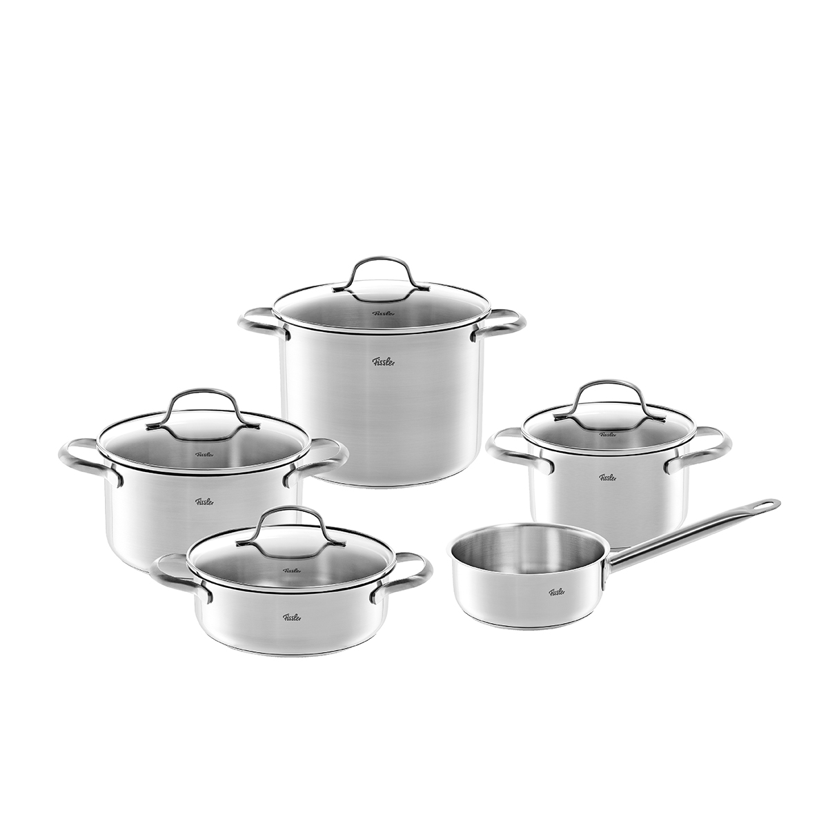 Fissler - San Francisco - Set 5-teilig (Topf + Glasdeckel 16 + 20 + 24 cm, Stielkasserolle 16 cm, Stielkasserolle + Glasdeckel 20 cm)