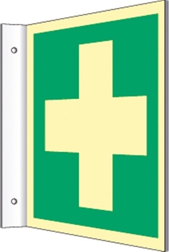 Fahnenschild Erste Hilfe, ISO 7010, Kunststoff, nachleucht.,160-mcd, 148x148 mm