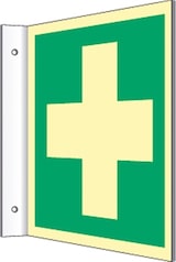 thumbnail of Fahnenschild Erste Hilfe, ISO 7010, Kunststoff, nachleucht.,160-mcd, 148x148 mm