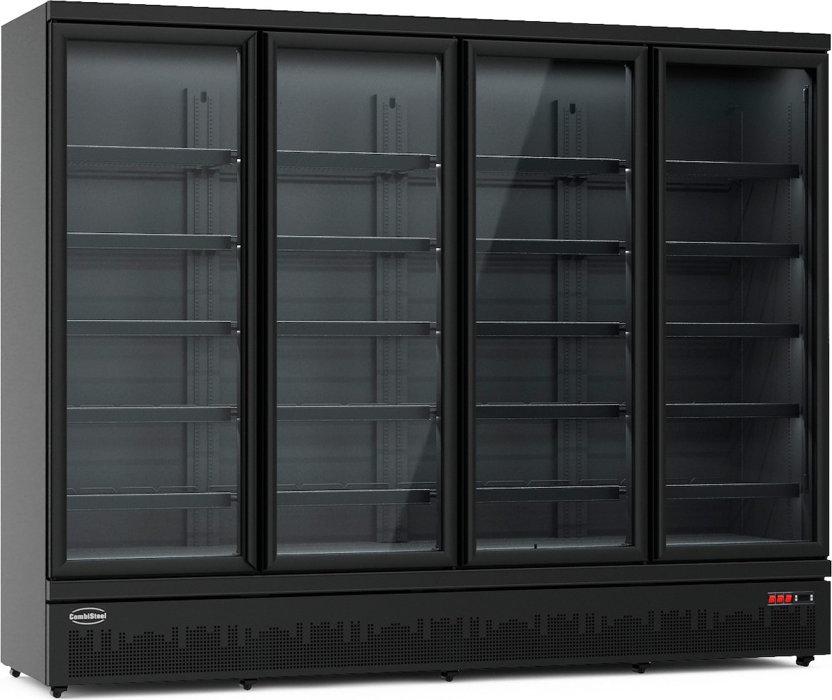 Kühlschrank RHINO auf Rollen | 4x Glastür + LED | 2025 Liter, HxBxT 200,3x250,8x71cm | 0/+10°C | Schwarz + CHEFGASTRO Geschirrtuch