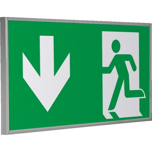 Schild | Rettungszeichen Notausgang, im Rahmen silbermatt, Kunststoff, 300x150mm, ASR A1.3, DIN EN ISO 7010 E001