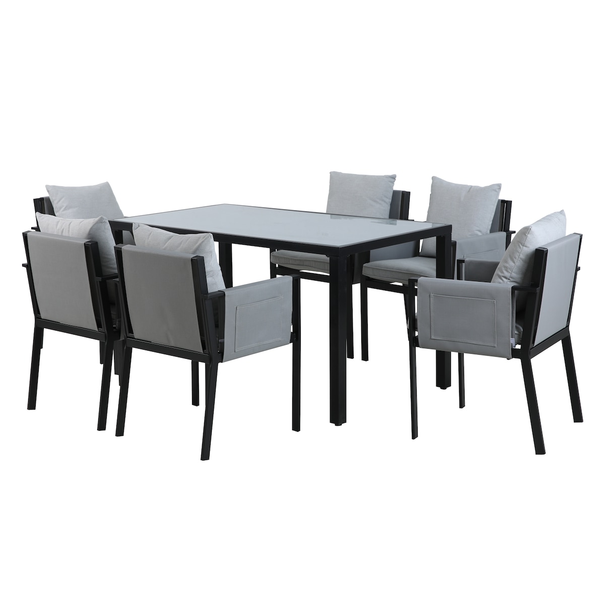 Möbilia Garten-Essgruppe | 1 Tisch, 6 Stühle | Stahl schwarz, Glas und Olefin in grau | 28020041 | Serie GARTEN