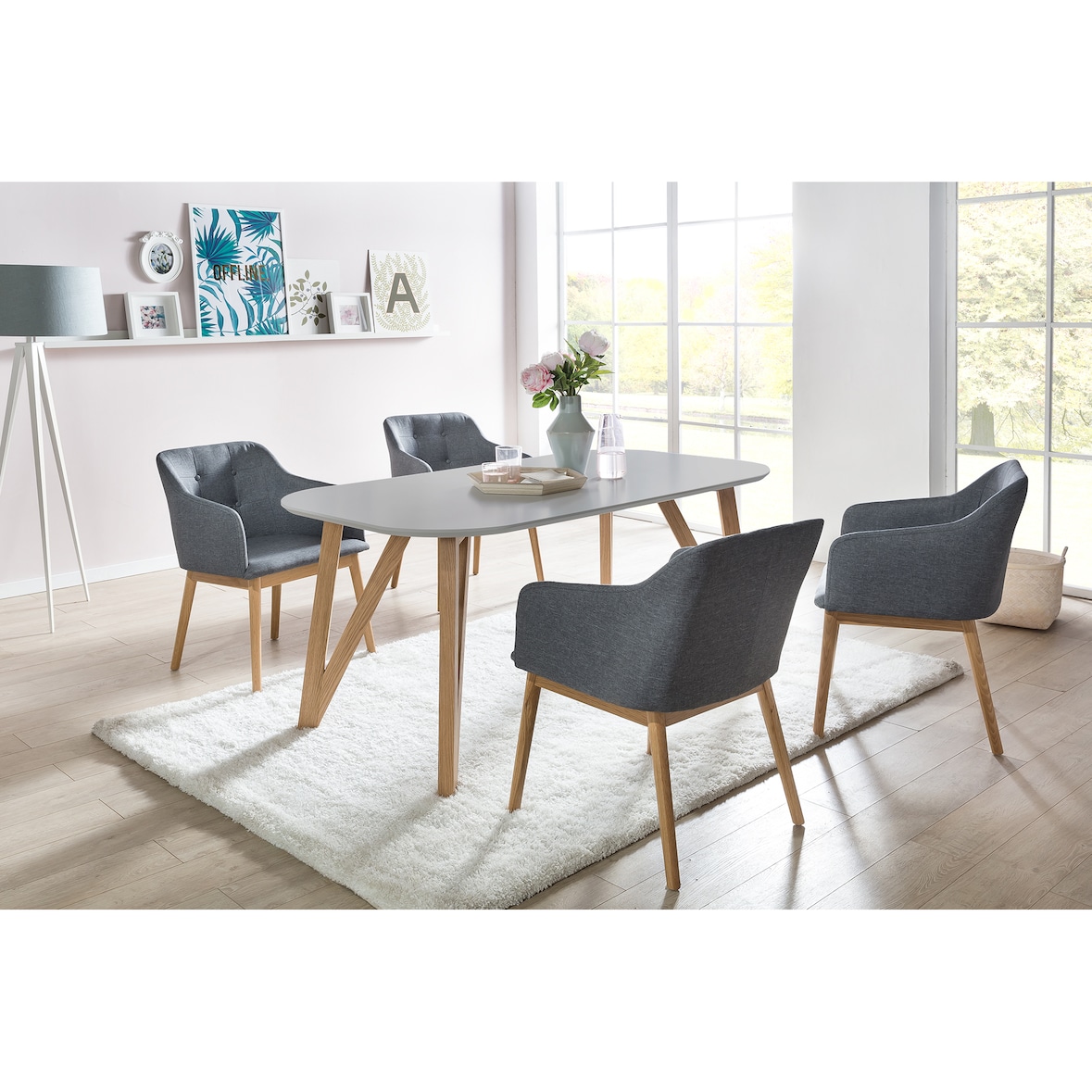 SalesFever eettafel Scandinavisch design | massief eiken onderstel | tafelblad MDF grijs gelakt | 180x90x76 cm