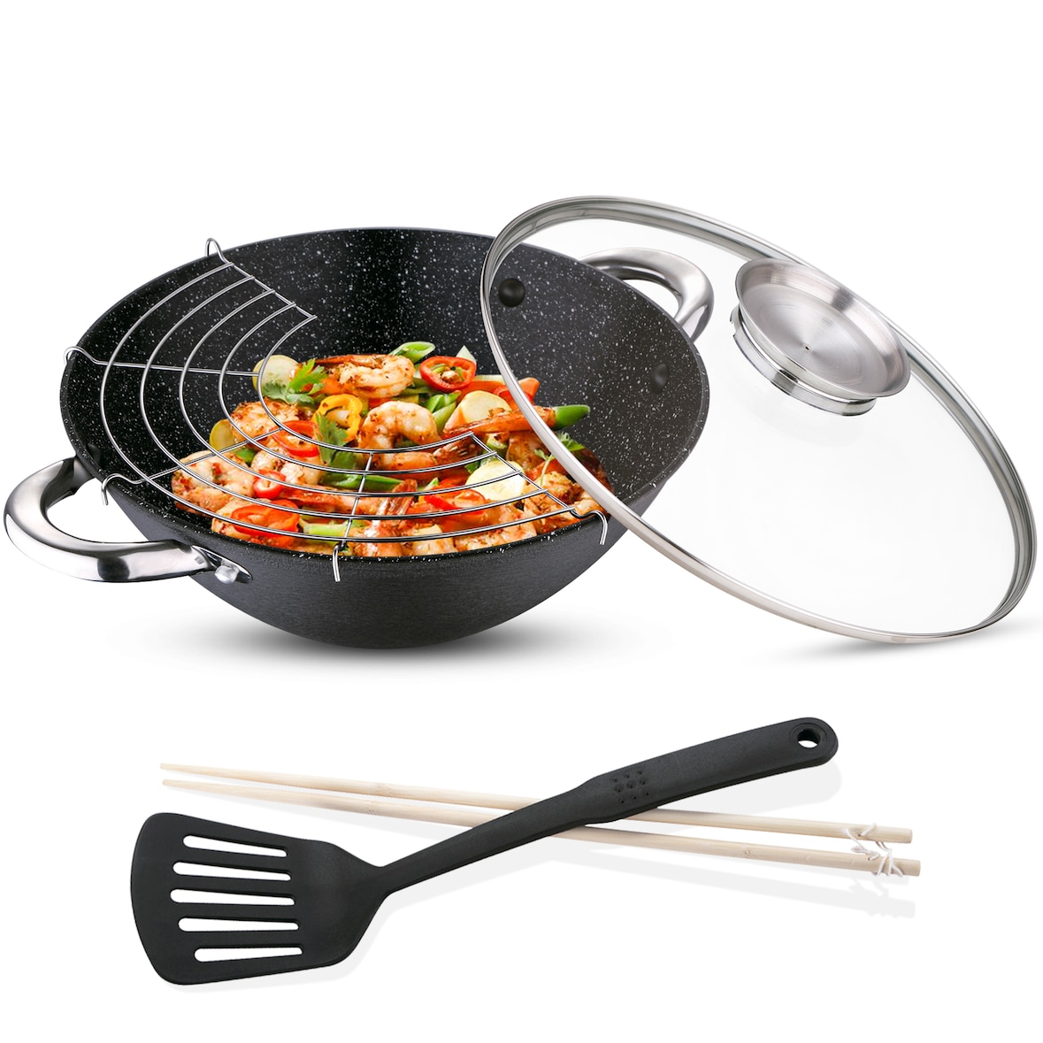 Renberg - Wok Ø28x9,4cm van gietijzer met glazen deksel, inclusief 2 kookgerei en grillrooster.