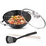 thumbnail of Renberg - Wok Ø28x9,4cm van gietijzer met glazen deksel, inclusief 2 kookgerei en grillrooster.