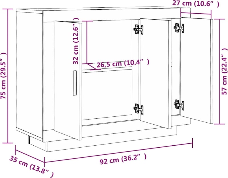 Ein Schrank mit drei Türen und Einlegeböden.