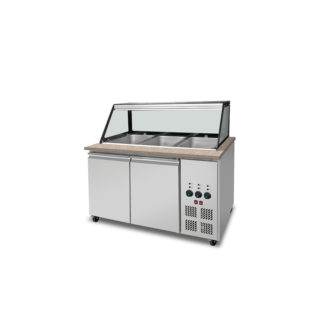 Skyrainbow SNACK-Line bain-marie toonbank 3x GN1/1, graniet roze-grijs, 123x82x85,5 glazen bovenbouw helder glas zwarte rand, zonder legbord, H=396mm
