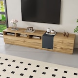 thumbnail of TV-Schrank 200x45x45cm mit 3 offenen Fächern, Klapptür & Seitentüren, modern, robust, Stauraum für Wohnzimmer, Medienmöbel, Holzoptik Schwarzgrau