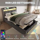 thumbnail of Multifunktionales Polsterbett mit Stauraum und LED-Beleuchtung für , USB-Steckdose, hydraulisches Hebesystem, grauer Leinenstoff, 90x200 Grau
