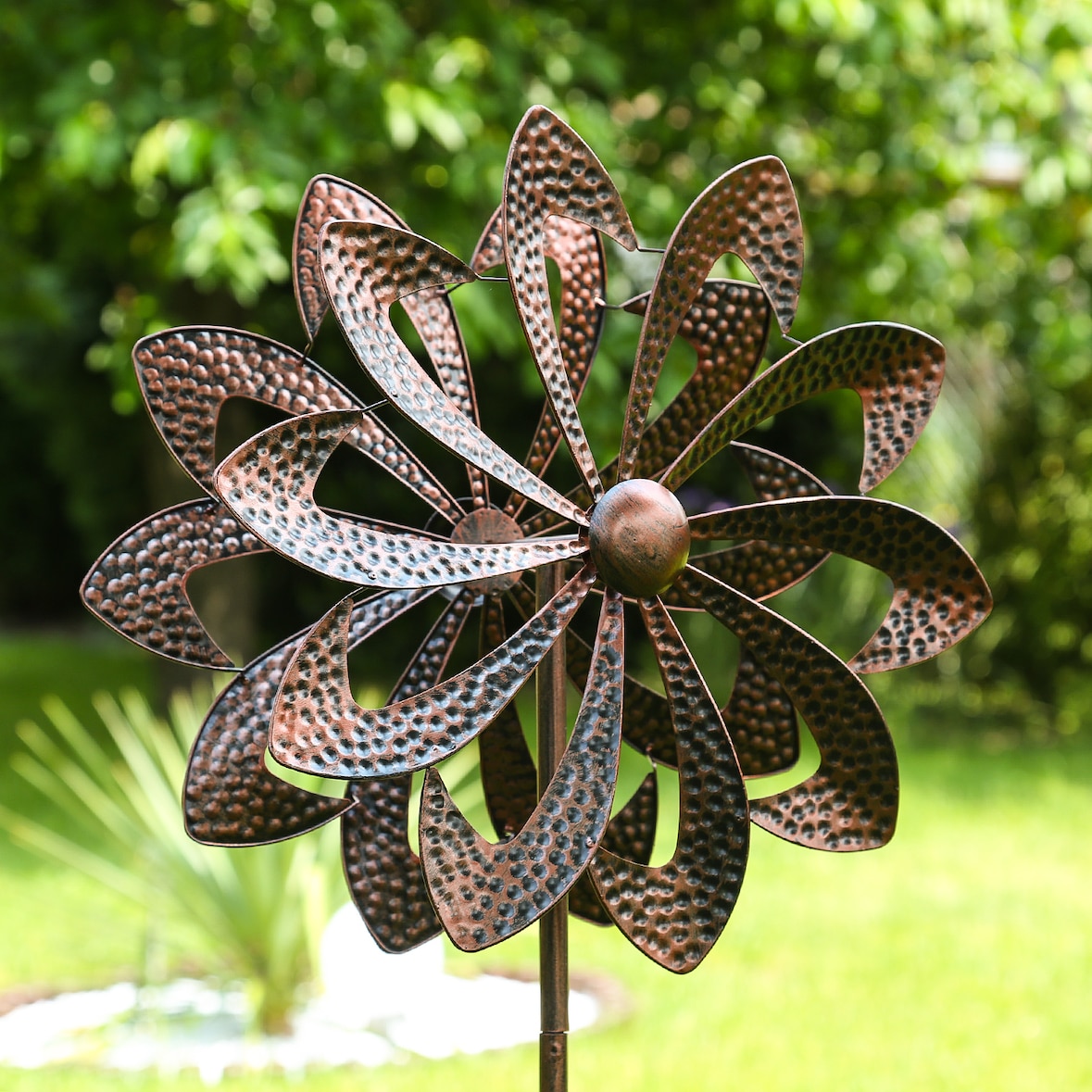 Doppel Windrad ANTIK Gartendeko Metall H: 140cm kupfer Windspiel