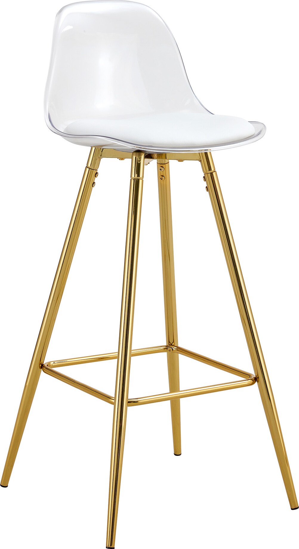 2er-Set Barhocker aus Metall und Kunststoff in Gold/Transparent, mit Rückenlehne, Fußstütze und rutschfesten Bodenschonern