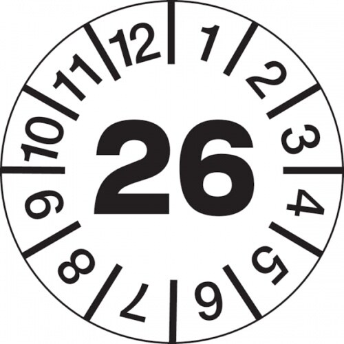 Jahresprüfplaketten ab 26, Jahresfarben, Folie, Ø 10 - 30 mm - Bogen = 10 Plaketten - 15 mm Folie selbstklebend