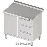 thumbnail of Stalgast Edelstahl Arbeitsschrank mit Flügeltür, 900x700x850 mm, mit 3er Schubladenblock links, ohne Aufkantung, verschweißt