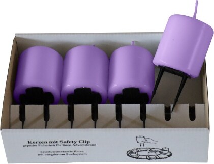 4er Set Adventskerzen mit Safety Clip und Kerzenstecker (Haltekrallen) Veilchen Lila 8 x ? 5 cm