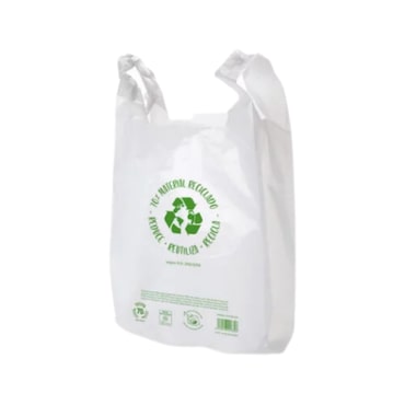 Bolsa blanca con impresión tipo camiseta de plástico HPDE reciclada 50-70%, medidas 350 x 500 mm paquete de 50 unds. SKU 14698