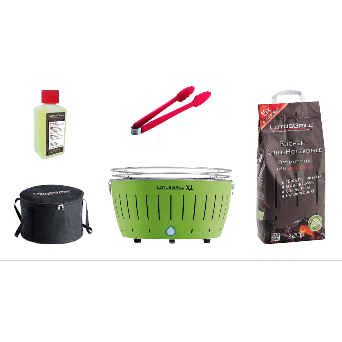 LotusGrill XL Starter-Set 1x XL Grill Anthrazitgrau mit USB-Anschluß, 1x Buchenholzkohle 2,5 kg, 1x Brennpaste 200ml, 1x Zange, 1x Transport-Tragetasc
