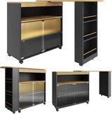 thumbnail of Bartisch ausziehbar 204x39x105 cm mit Stauraum Schiebetüren und LED-Beleuchtung auf Rollen, MDF Stehtisch Kücheninsel, Schwarz