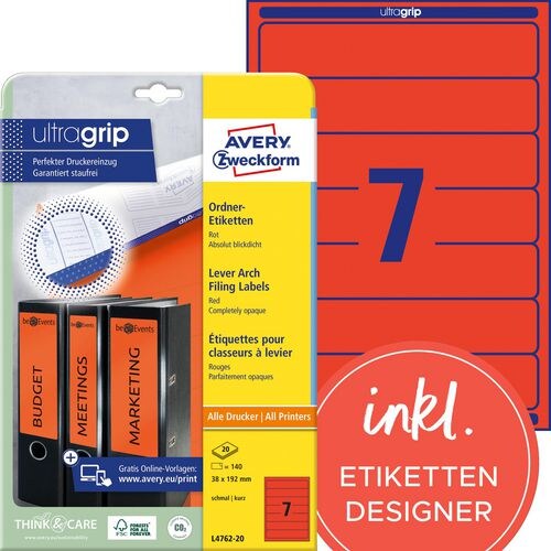 AVERY Zweckform ultragrip Ordneretiketten L4762-20 Selbsthaftend DIN A4 Rot 3,8 x 19,2 cm 20 Blatt à 7 Etiketten