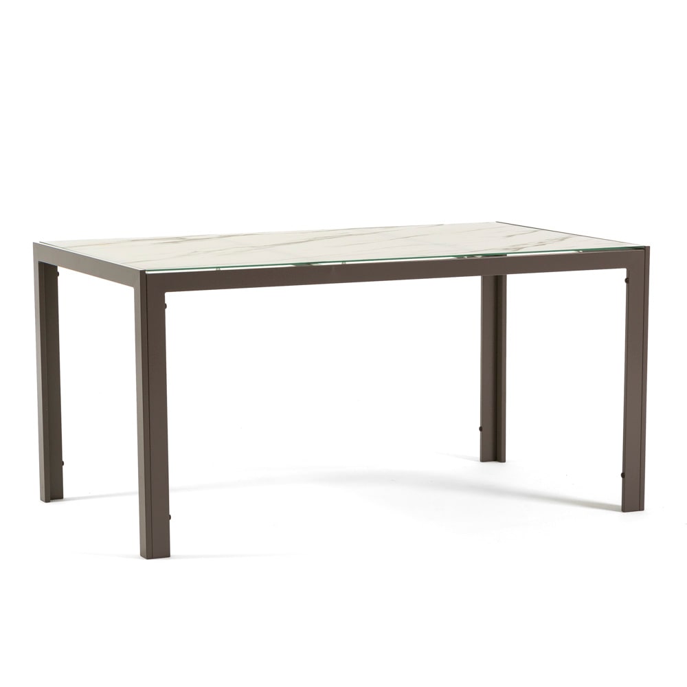 Rechthoekige tafel 150 x 90 cm voor binnen en buiten, aluminium frame en glazen blad,voor keuken,eetkamer of tuin,voor 6 personen Milo/Tortora/Marmer